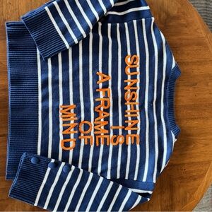 Cropped Rosenthal Blue and White Striped Sweater with Orange embroidery. Cotton.